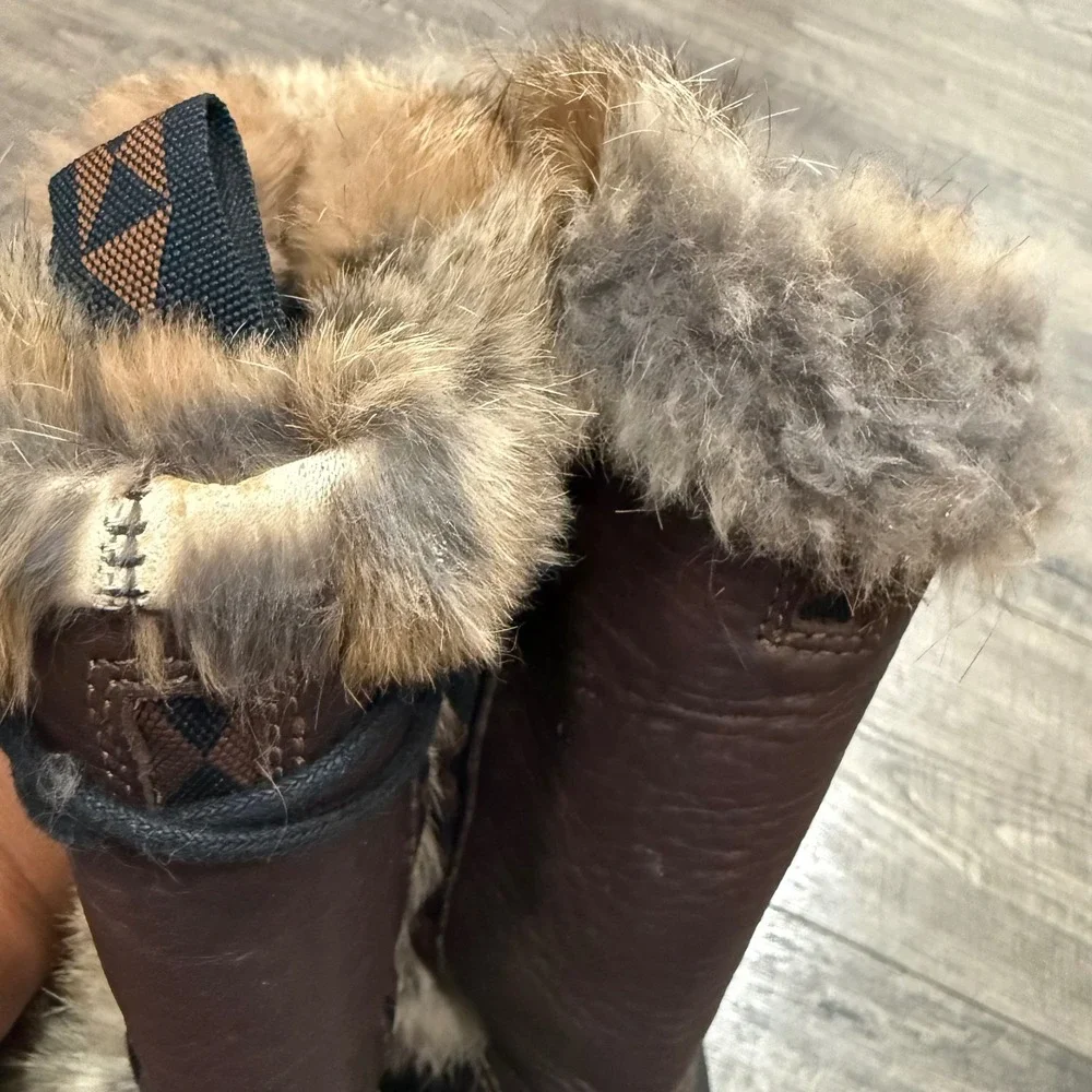 Ulu Womens Brown Leather Rabbit Fur Winter Snow Boots Size 8.5